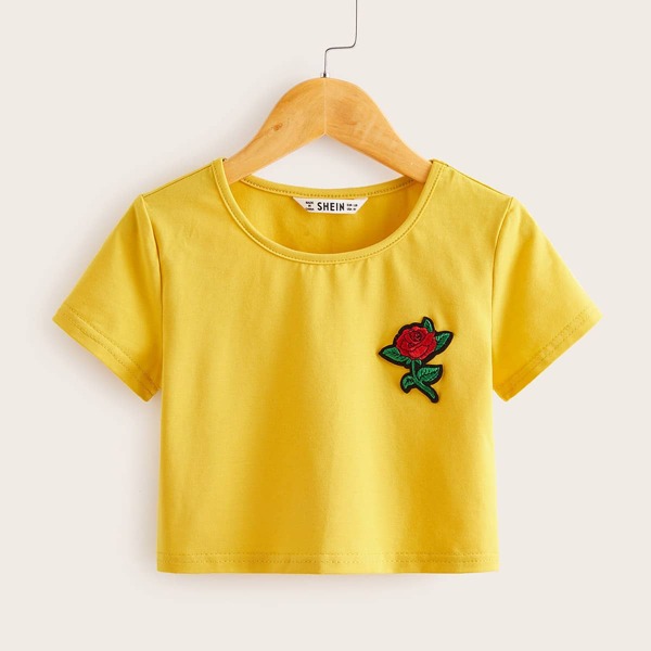 

Girls Flower Patched Tee, Yellow bright
