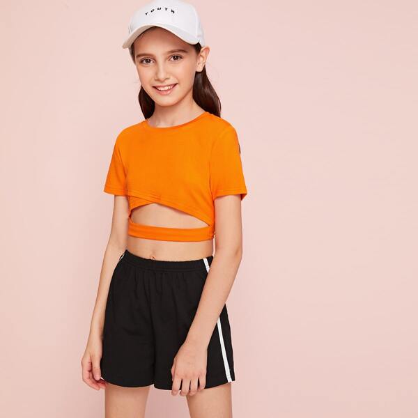 

Girls Neon Orange Cutout Front Crop Top & Shorts Set, Multicolor
