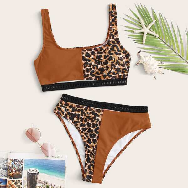 

Contrast Leopard Hollow-out Trim Bikini Swimsuit, Multicolor