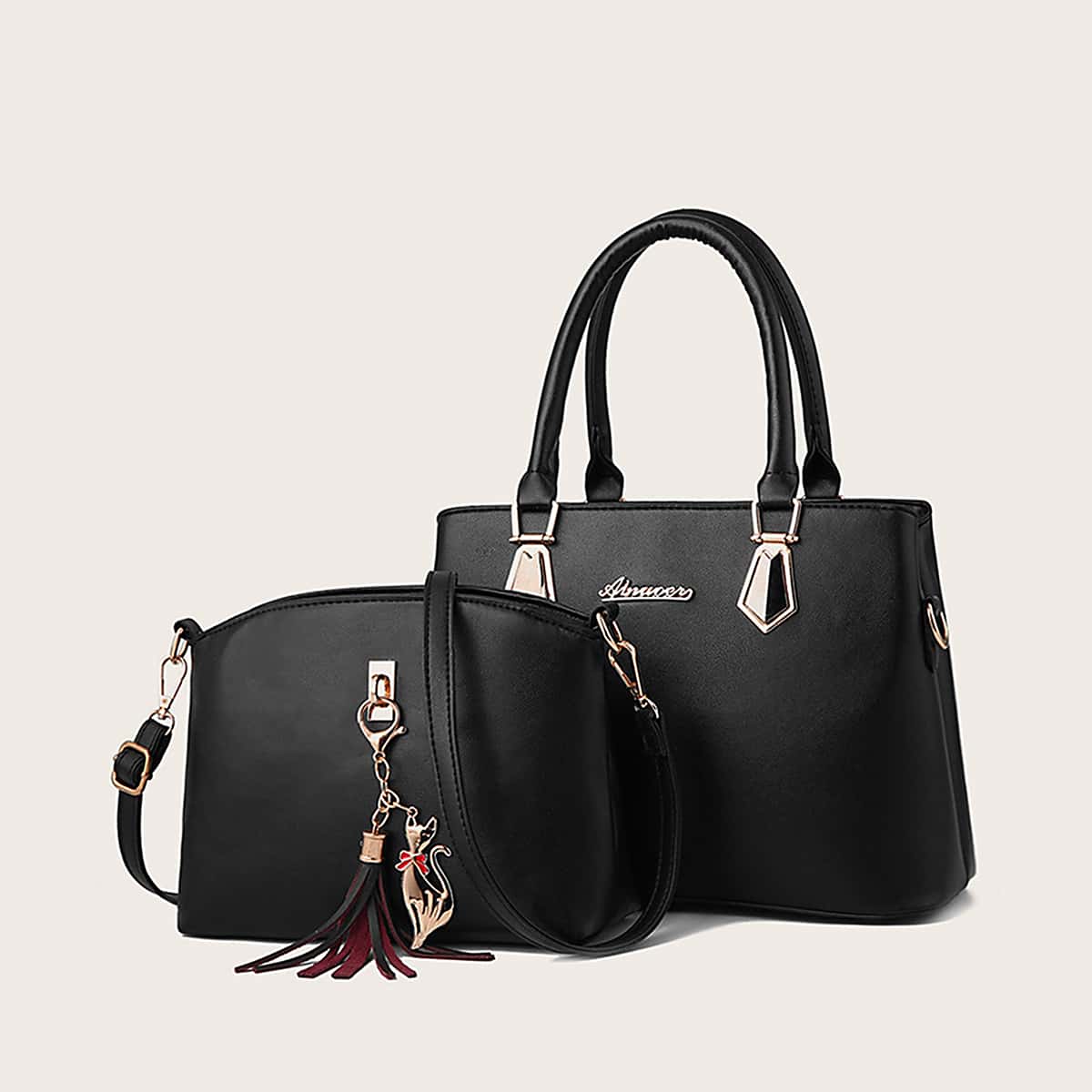 

2pcs Tassel Decor Tote Bag With Crossbody Bag, Black