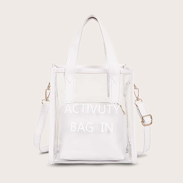 

Letter Graphic Clear Satchel Bag With Inner Pouch, White