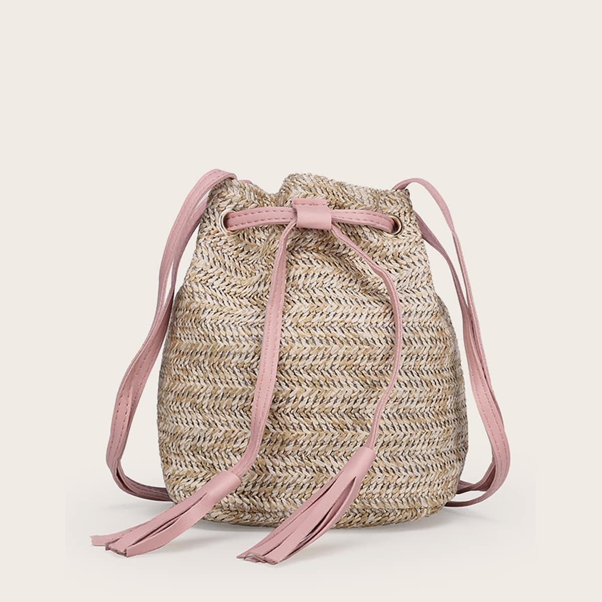 

Tassel Decor Woven Bucket Bag With Drawstring, Khaki