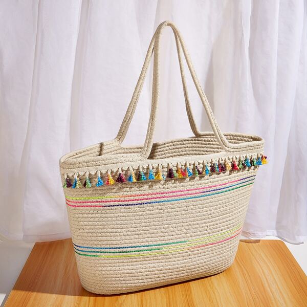 

Colorblock Tassel Decor Tote Bag, Multicolor