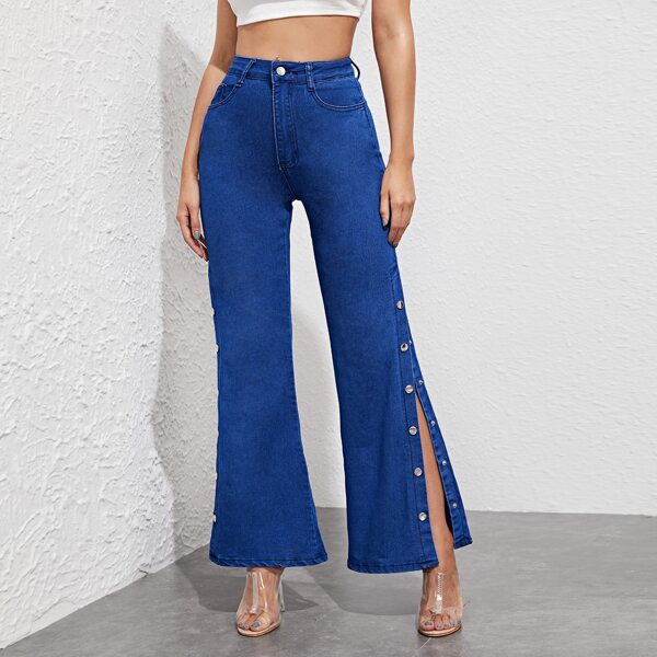 

Button Detail Split Hem Flare Jeans, Navy blue