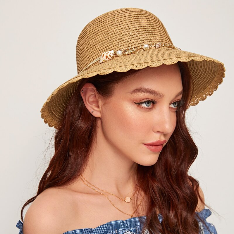 

Shell Charm Rope Decor Straw Hat, Khaki
