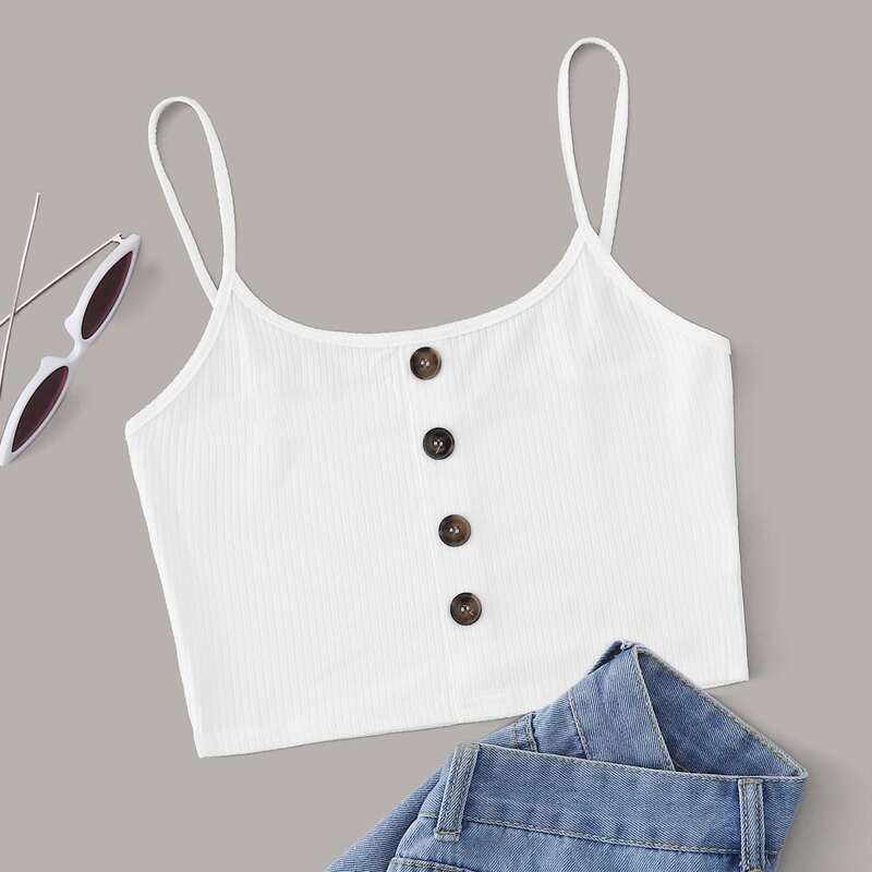 

Button Front Crop Cami Top, White