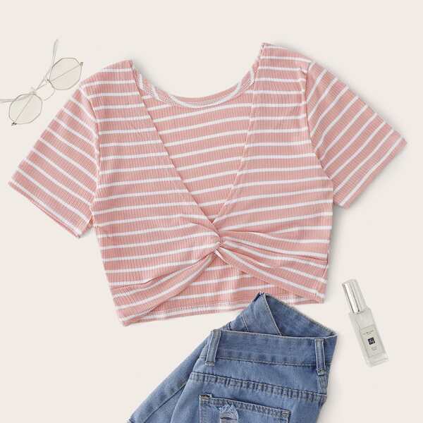 

Twist Front Striped Ribbed Crop Tee, Pink