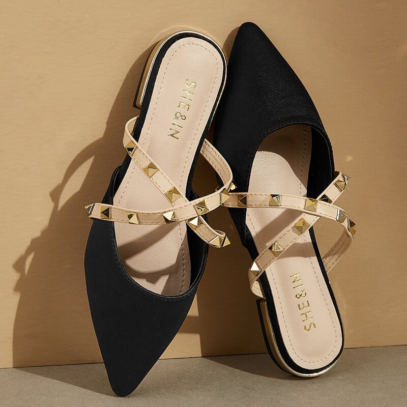 

Point Toe Studded Decor Flat Mules, Black