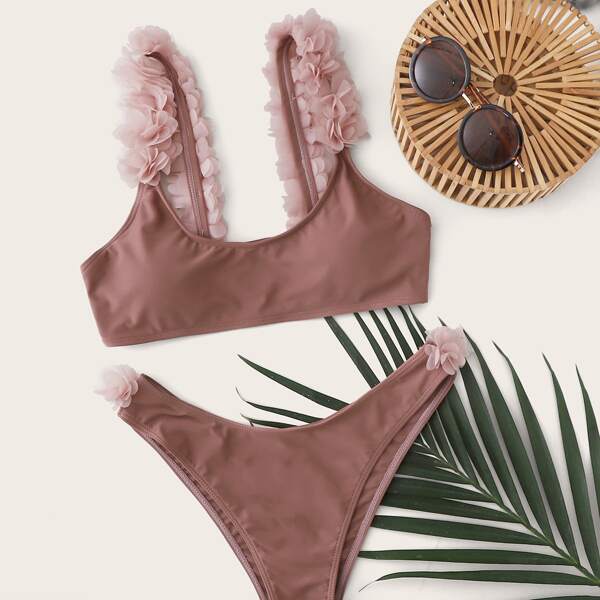

3D Flower Appliques Bikini Swimsuit, Pink