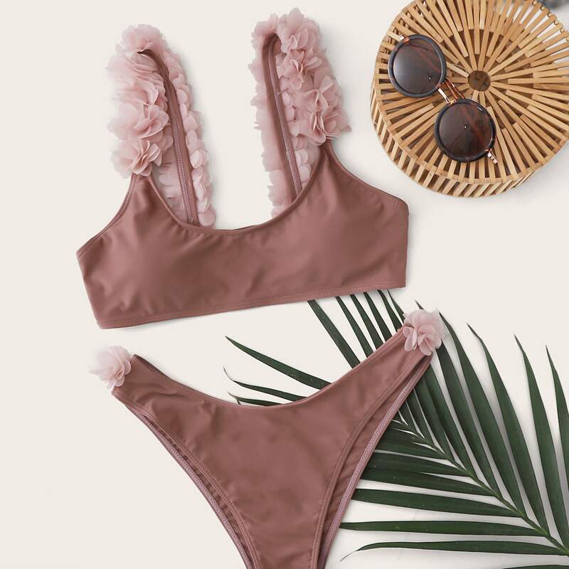 

3D Flower Appliques Bikini Swimsuit, Pink