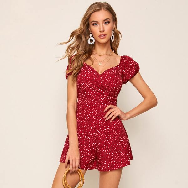 

Puff Sleeve Dot Print Romper, Red
