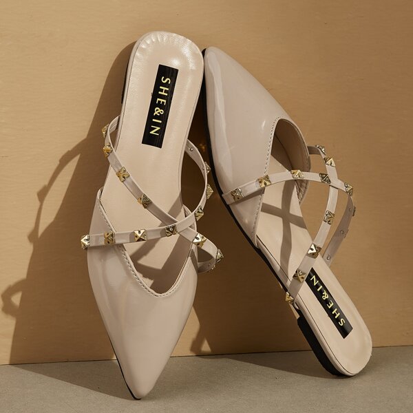 

Point Toe Spiked Decor Cross Strap Flat Mules, Apricot