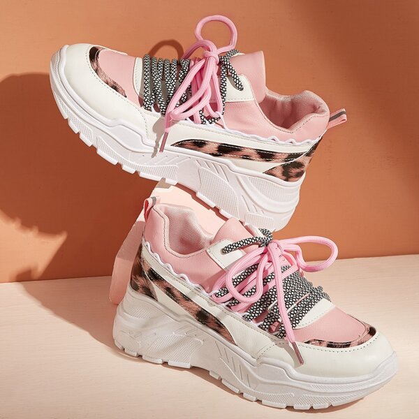 

Leopard Panel Lace-up Front Chunky Sneakers, Multicolor
