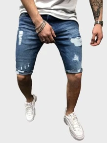 Manfinity Shorts mezclilla rotos de hombres bajo crudo - Azul - Ver 1