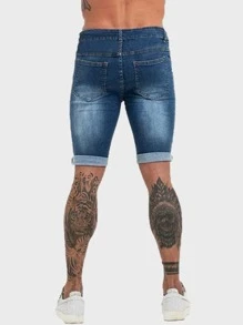 Manfinity Shorts mezclilla rotos de hombres bajo crudo - Azul - Ver 2