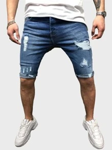 Manfinity Shorts mezclilla rotos de hombres bajo crudo - Azul - Ver 3