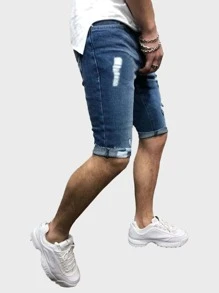 Manfinity Shorts mezclilla rotos de hombres bajo crudo - Azul - Ver 4