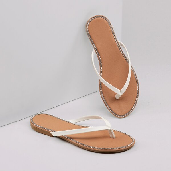 

Rhinestone Trim Flat Y-Strap Sandals, White