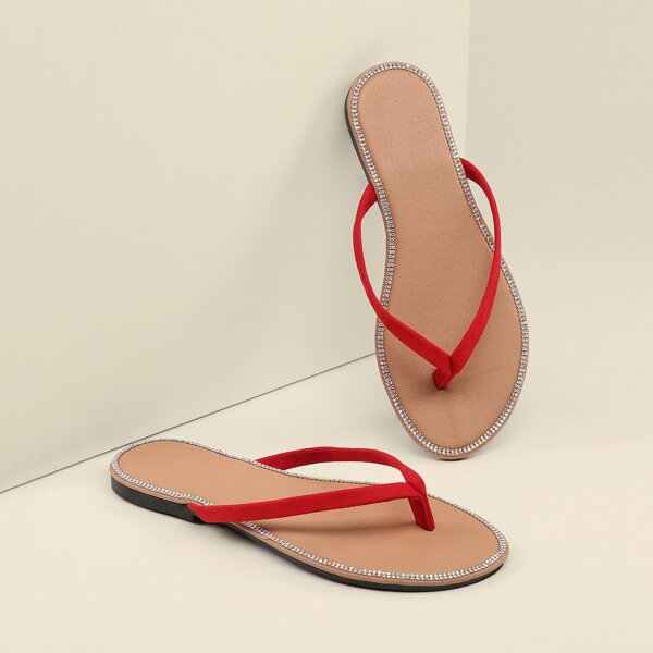 

Crystal Trim Flat Y-Strap Sandals, Red