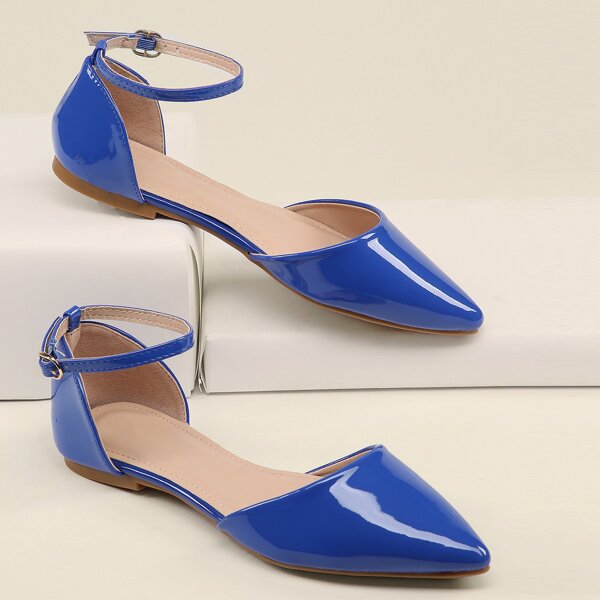 

Patent Pointed Toe Buckled Ankle Ballerina Flats, Blue