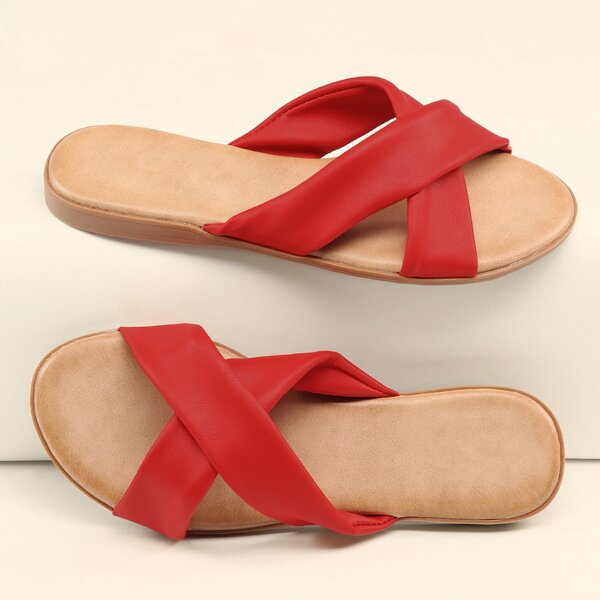 

Open Toe X Straps Flat Slide Sandals, Red