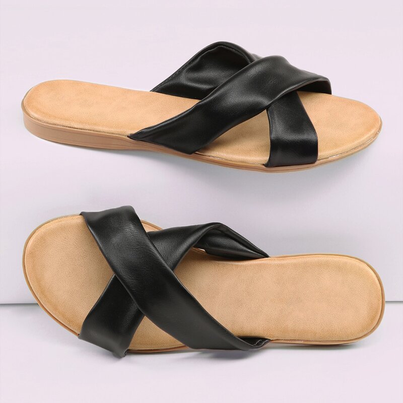 

Open Toe Cross Straps Flat Slide Sandals, Black