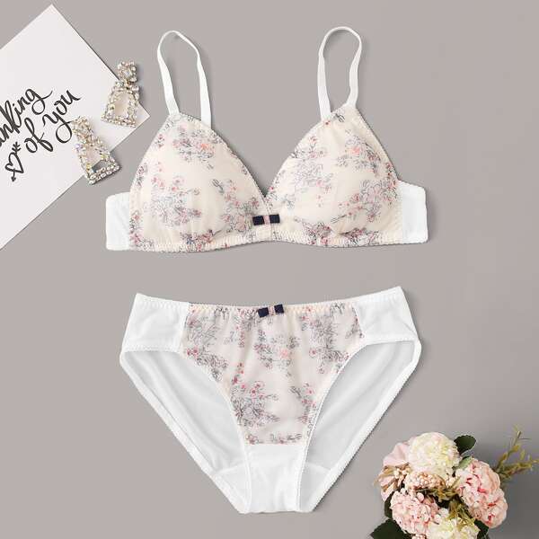 

Floral Adjustable Strap Lingerie Set, White