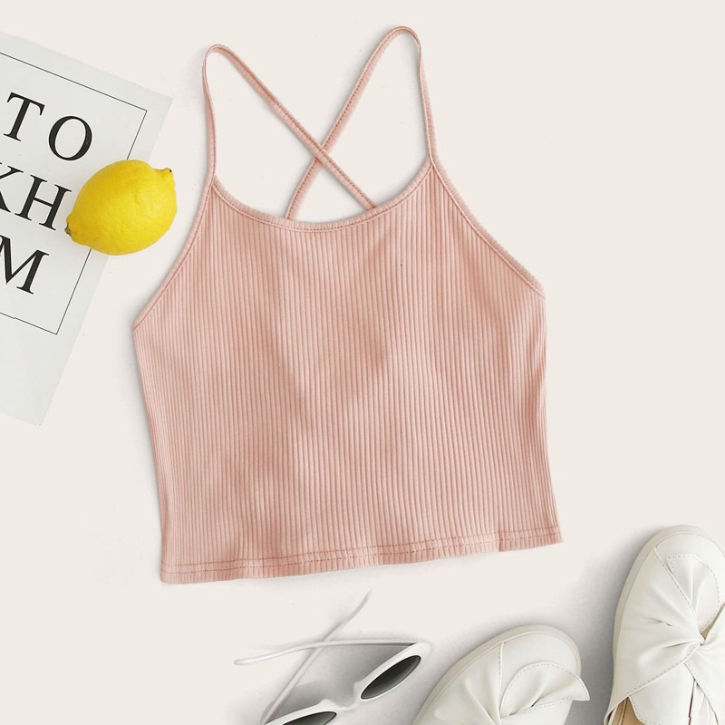 

Ribbed Lace-up Crop Cami, Pink