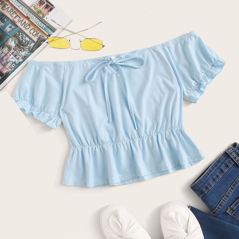 

Tie Neck Blue Peplum Top, Baby blue