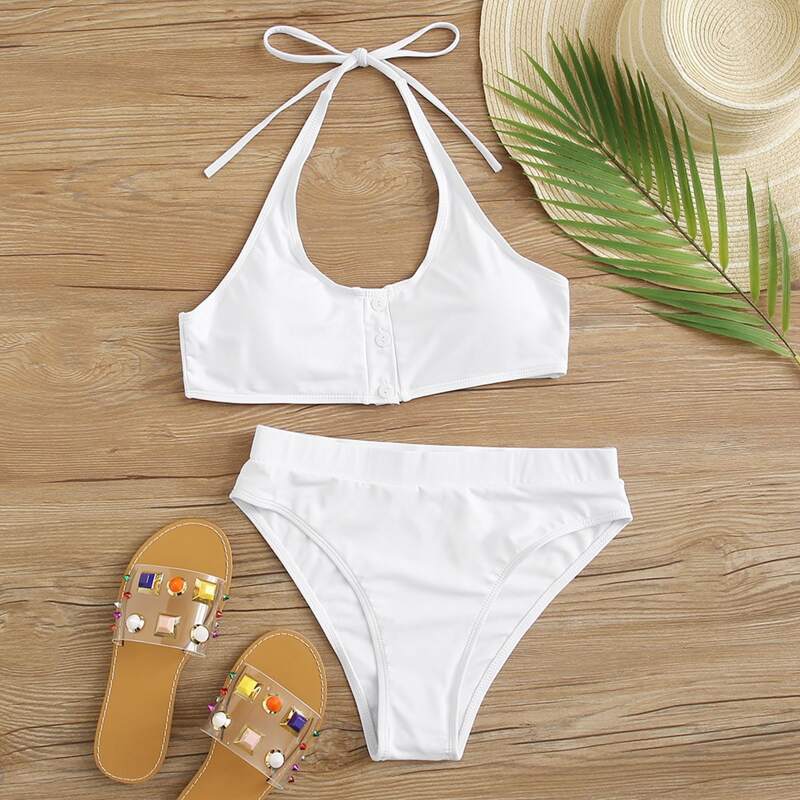 

Button Front Halter Bikini Swimsuit, White