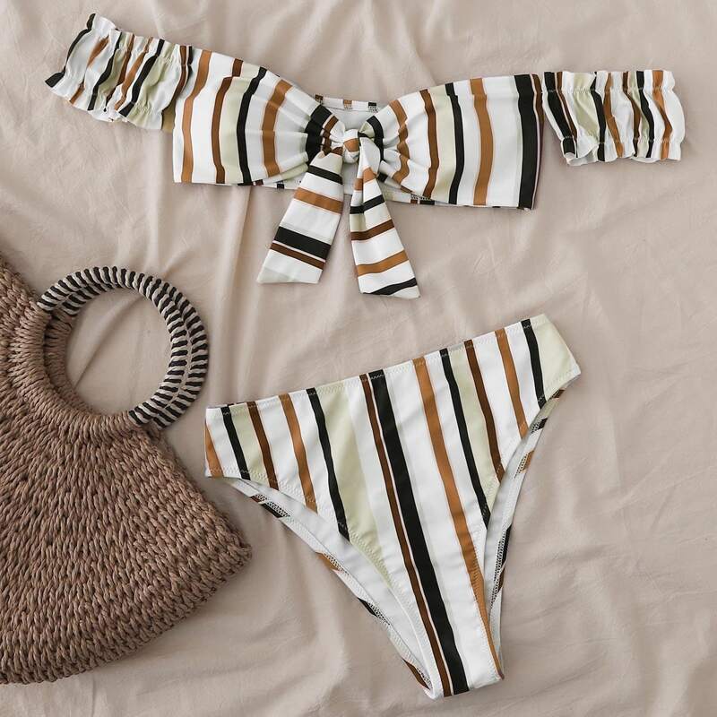 

Striped Bardot High Waist Bikini Swimsuit, Multicolor