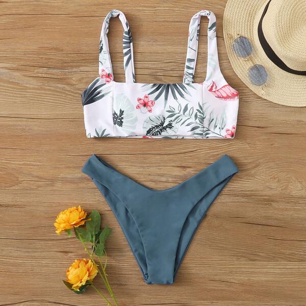 

Tropical Square Neck High Cut Bikini Swimsuit, Multicolor