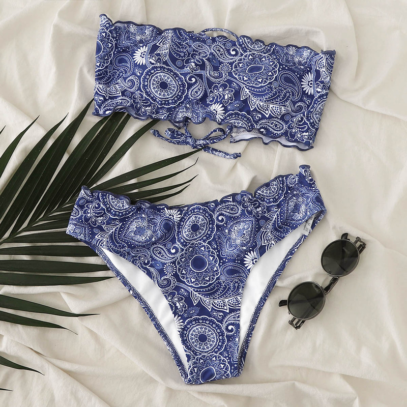 

Tribal Frill Tie Back Bandeau Bikini Swimsuit, Blue