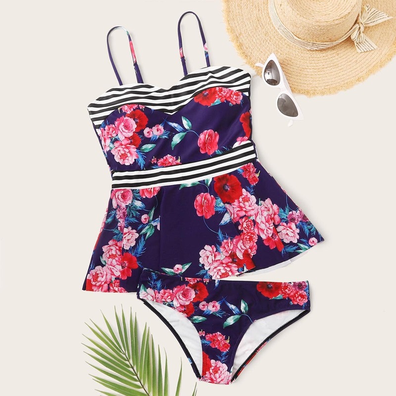 

Floral & Striped Print Bikini Swimsuit, Multicolor