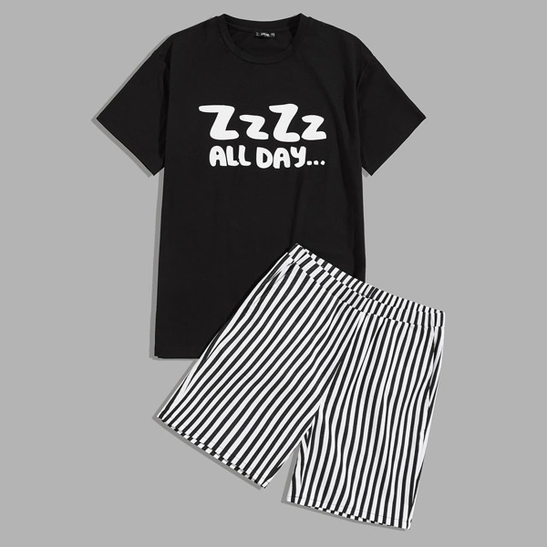 

Men Slogan Graphic Top & Striped Shorts PJ Set, Black and white