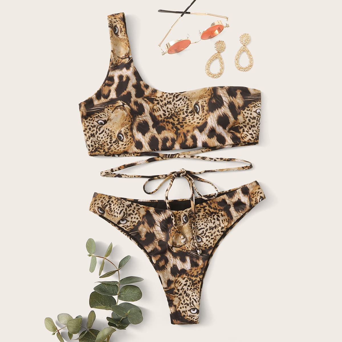 

Leopard One Shoulder High Cut Bikini Swimsuit, Multicolor