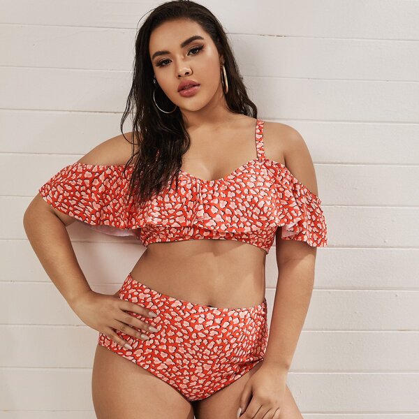 

Plus Allover Graphic Flounce High Waisted Bikini Swimsuit, Pink