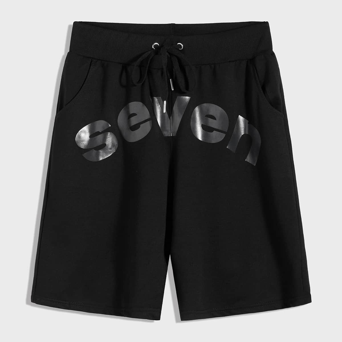 

Guys Letter Graphic Drawstring Waist Athletic Shorts, Black