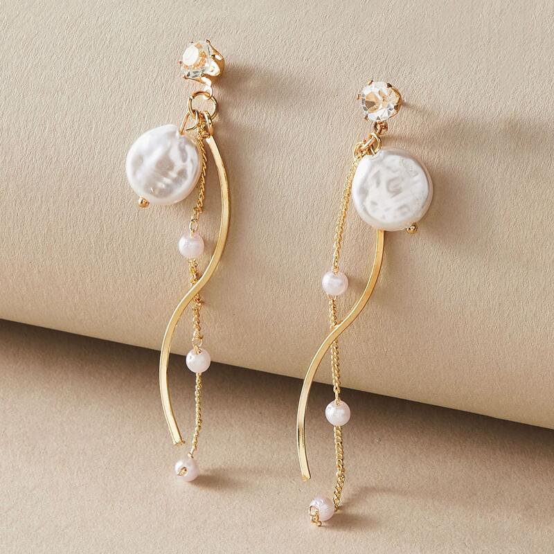 

1pair Rhinestone Decor & Faux Pearl Decor Long Drop Earrings, Multicolor
