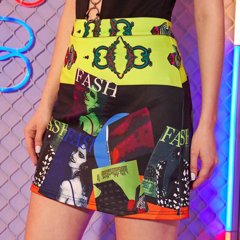 

Zipper Side Figure Graphic Skirt, Multicolor