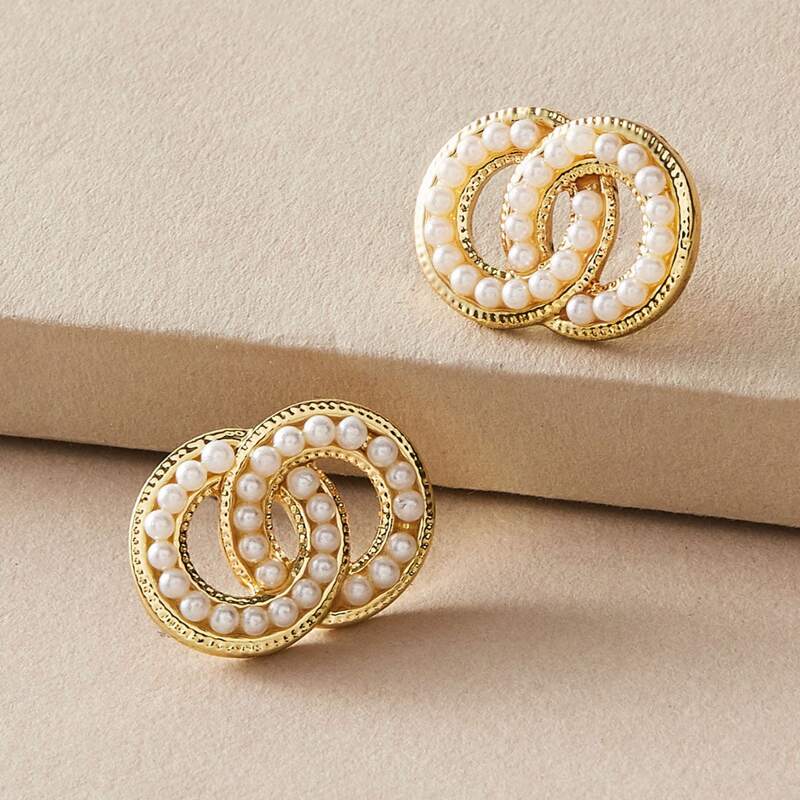 

1pair Faux Pearl Decor Double Ring Design Earrings, Gold