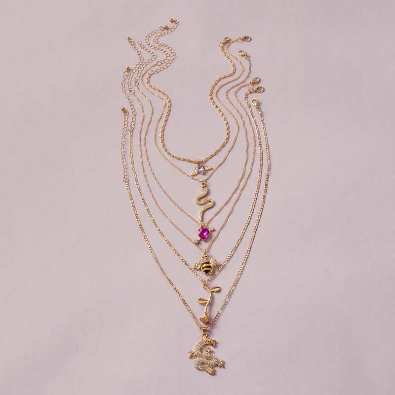 

6pcs Rose & Bee Charm Necklace, Gold