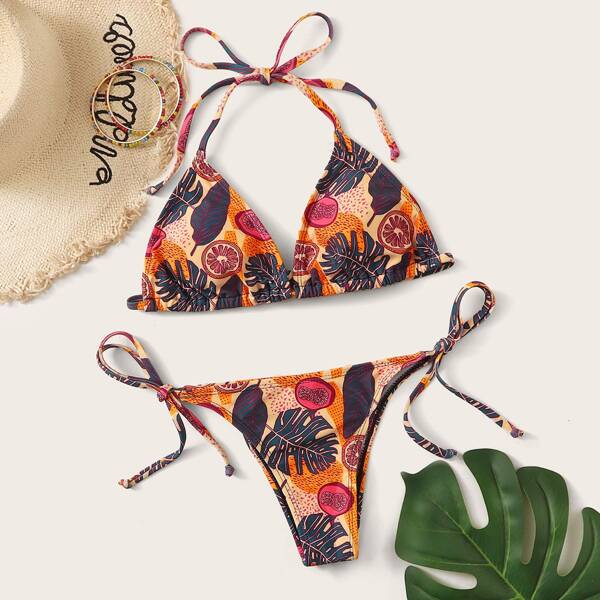 

Tropical Halter Triangle Tie Side Bikini Swimsuit, Multicolor