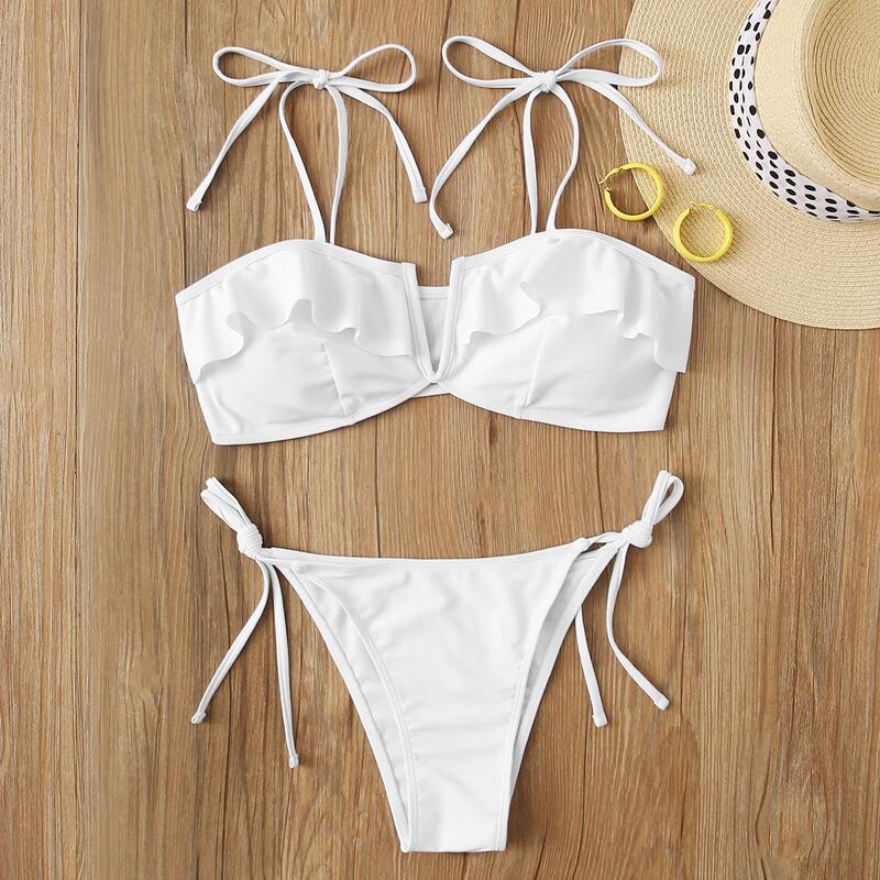 

Ruffle Trim V Wired Tie Side Bikini Swimsuit, White