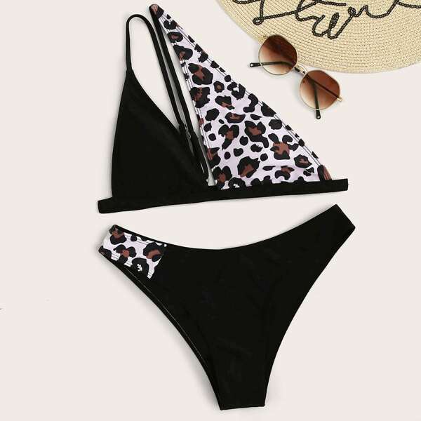 

Contrast Leopard One Shoulder Cheeky Bikini Swimsuit, Black