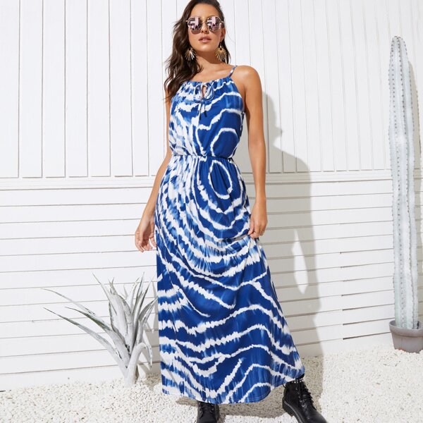 

Tie Dye Tie Front Peekaboo Cami Dress, Blue
