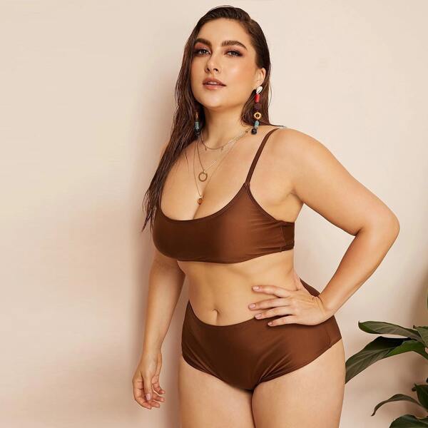 

Plus Solid High Waisted Bikini Swimsuit, Brown