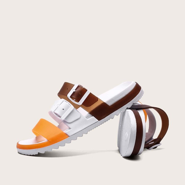 

Men Buckle Decor Colorblock Strap Sliders, Multicolor