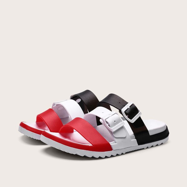 

Men Buckle Decor Colorblock Strap Sliders, Multicolor