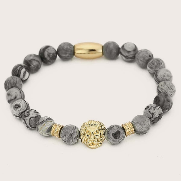 

1pc Men Animal Head Decor Beaded Bracelet, Grey